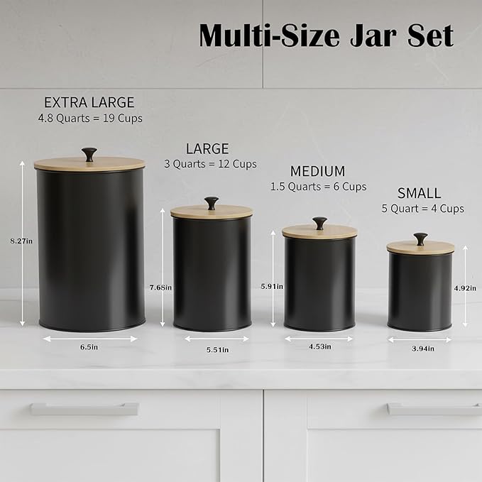 Modern Kitchen Canister Set, Black Metal with Bamboo Lids, Airtight Food Storage Containers, Set of 4, Chalkboard Labels