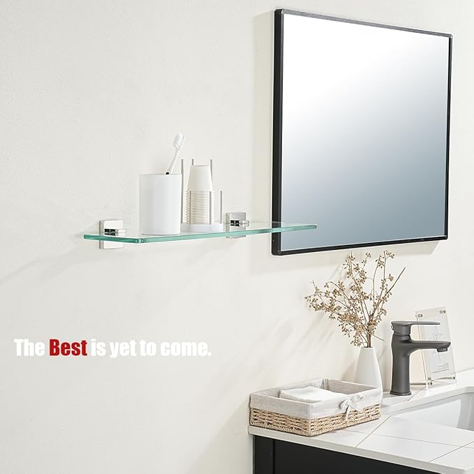 JQK Bathroom Glass Shelf, Floating Tempered Glass Shower Storage 24 by 5 inches, 304 Stainless Steel Polished Chrome Wall Mount, TGS201L24-CH