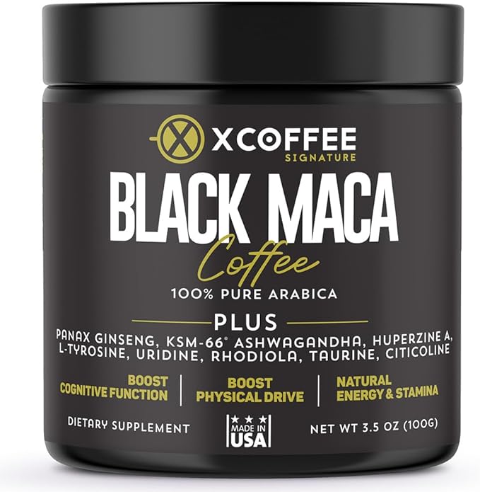 Black Maca Adaptogenic Coffee – Instant Arabica Medium Roast with | KSM-66 Ashwagandha | Ginseng | Natural Energy, Focus & Stamina Blend with Taurine, Rhodiola & Citicoline