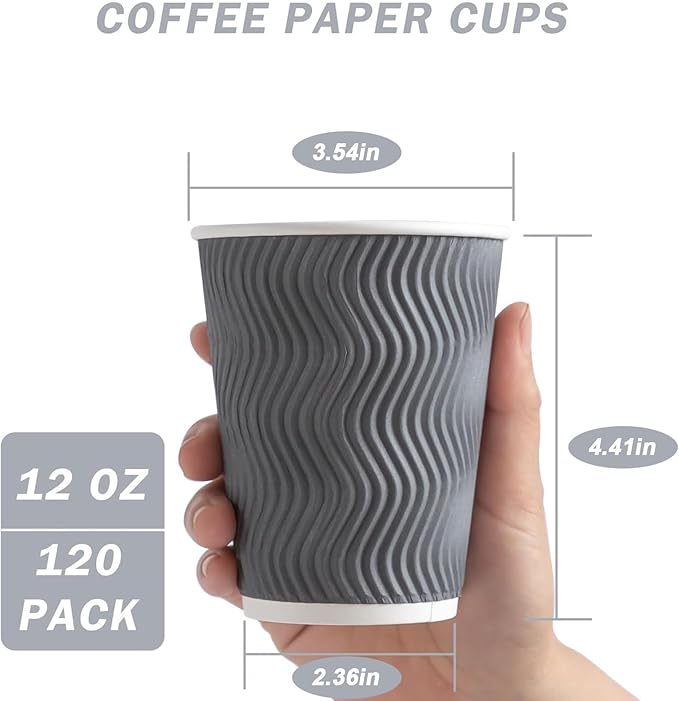 Coffee Cups 12 oz 120 Pack, Corrugated Insulated Ripple Wall Disposable Paper Coffee Cups 12oz, To Go for Hot Beverage or Cold Drinks Office/Home/Cafe/Party/Travel (Gray)