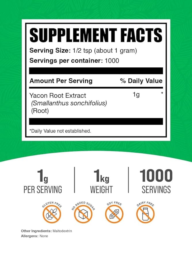 BulkSupplements.com Yacon Root Extract Powder - Sugar Substitute, Natural Fiber Sweetener - Gluten Free, 1g per Serving, 1kg (2.2 lbs) (Pack of 1)