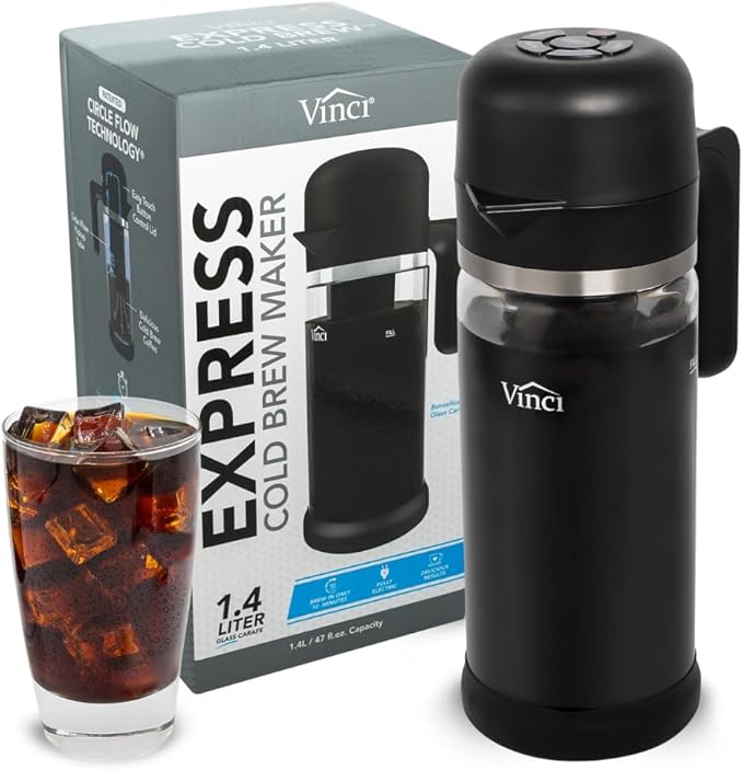 VINCI Express Cold Brew, Electric Cold Brew Coffee Maker in 10 minutes, Glass Carafe, 4 Brew Strength Settings & Cleaning Cycle, Easy to Use & Clean 1.4 Liters Push Button Control