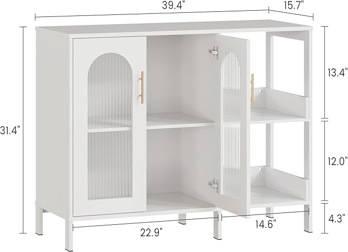 GarveeHome Glass Door Sideboard Cabinet, Modern Storage Buffet with Metal Handles & Adjustable Shelves, Solid Wood Frame Display Cabinet for Living Room, Dining Room, Kitchen, Entryway, White
