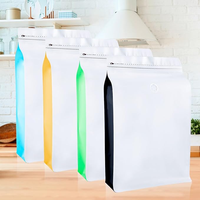 New 2.5 KG Large Capacity Coffee Bags with Valve (50 PCS) White Sides Black High Barrier Aluminum Foil Flat Bottom Standing Coffee Beans Storage Packaging Bags, Reusable Heat Seal Side Zipper Pouches