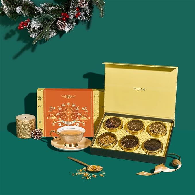 VAHDAM GLOW – Assorted Christmas Tea Gift Set for Women (6 Loose Leaf Teas) | Premium Tin Caddy Presentation Box | Gluten-Free, Non-GMO | Holiday Tea Gifts for Her