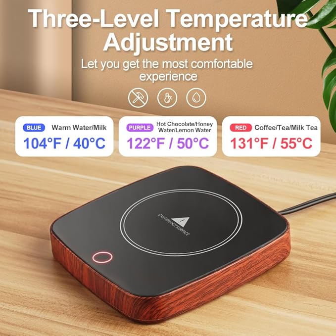 Coffee Mug Warmer Waterproof Smart Cup Warmer with 3 Temperature Setting for Warming & Heating Coffee, Beverage, Milk, Tea and Hot Chocolate (Black Walnut)