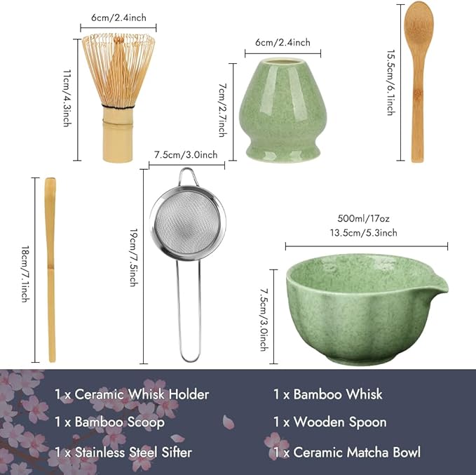 Matcha Whisk Set, 6 PCS Matcha Set-Ceramic Bowl, Whisk and Holder, Scoop, Spoon & Sifter, Complete Tea Ceremony Kit Set, Gift Box for Matcha Lovers, Birthday (Mottled Tea Green)