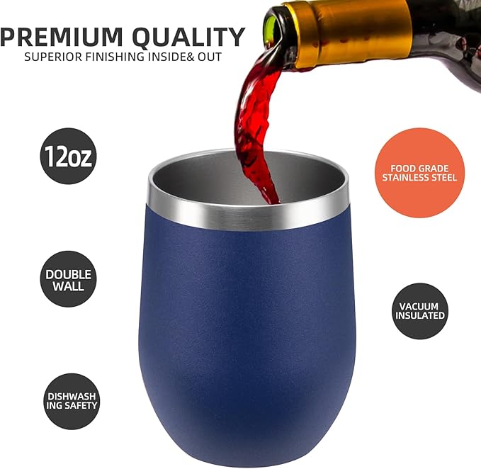 12 oz Insulated Wine Tumbler with Lid and Straw,Stainless Steel Stemless Wine Tumbler Double Wall Vacuum Wine Cups Tumbler Bulk for Coffee,Champaign,Cocktail,Office(Black/White/Navy blue/Dark blue)