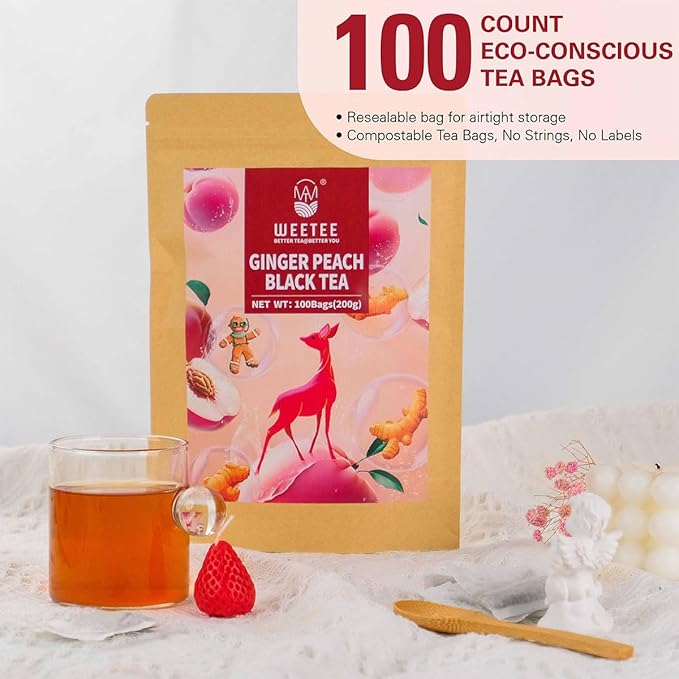 WT WEETEE Ginger Peach Black Tea Bags 100 Counts, Caffeinated, Made of Black Tea, Ginger & Natural Peach Flavor, Fruity & Mildly Gingery