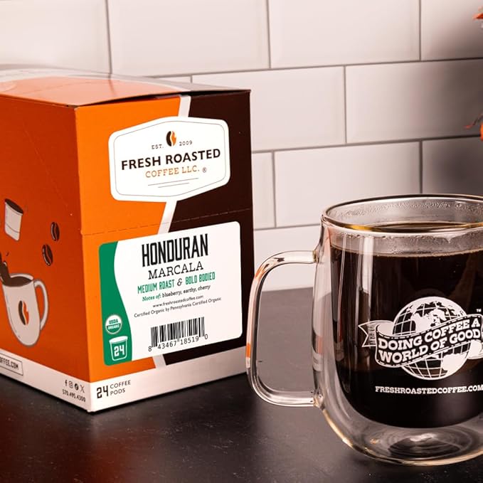 Fresh Roasted Coffee, Organic Honduran Marcala | USDA Organic, 100% Single Origin, Kosher | Medium Roast 24 Pods for K Cup Brewers