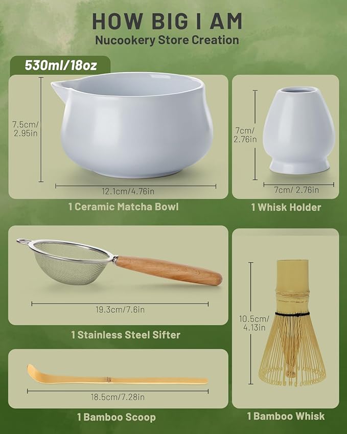 Nucookery Matcha Whisk Set - 5 Pcs Matcha Set with 18oz Ceramic Matcha Bowl (Chawan) with Spout, Bamboo Whisk & Holder, Scoop and Sifter | Complete Matcha Kit for Japanese Tea Ceremony (White)