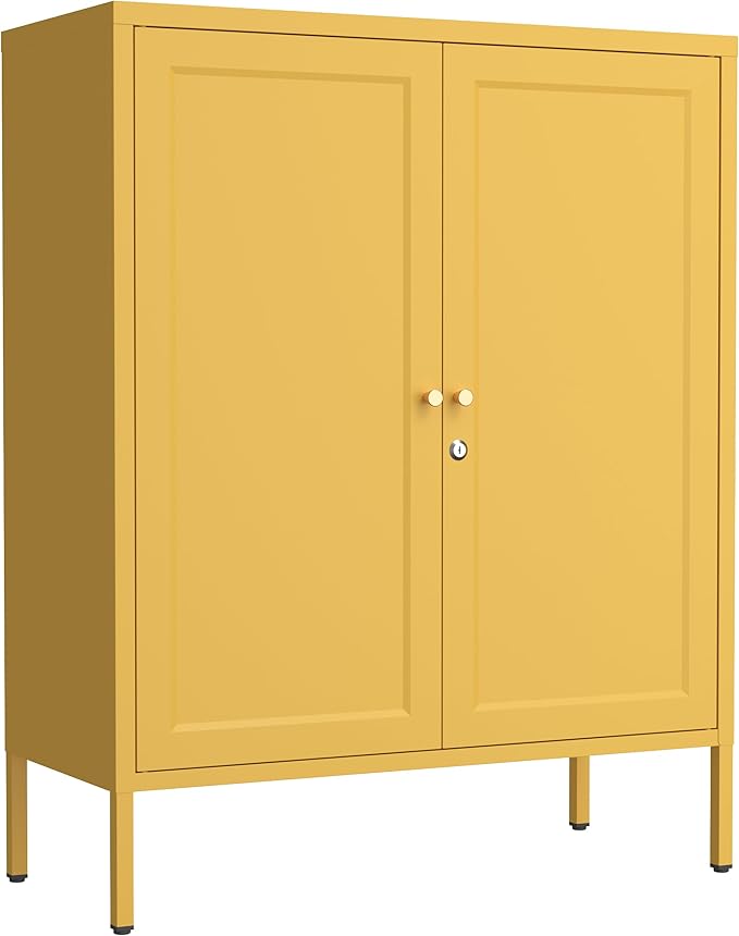 Metal Storage Locker with Djustable Shelves 36" H Lockable Modern Lockers Home Organization Cabinet 2-Door Durable Metal Cabinet for Bedroom Entrance Yellow Size：36" H X 31.5" W X 13.8" D