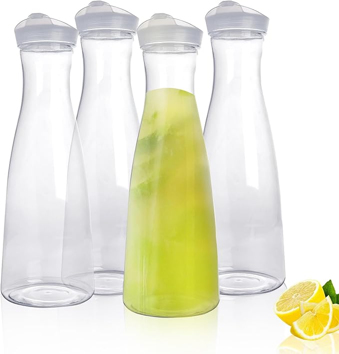 4 pack 50 oz Plastic Water Carafe with Flip Top Lid, Round Base Juice Containers for Mimosa Bar - BPA-Free Leakproof Beverage Pitcher for Water, Iced Tea, Milk & Fridge Storage（4Pack/50oz)