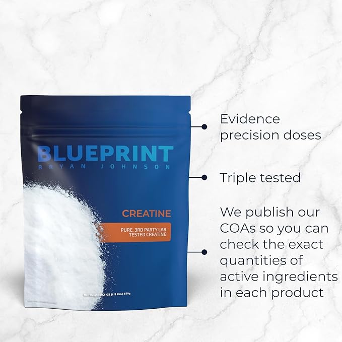 Blueprint Bryan Johnson Creatine Monohydrate Powder – Amino Acid Powder - Supplement Supports Muscle Growth, Recovery, Strength & Focus – Unflavored Creatine for Women & Men – 5g Dose – 100 Servings
