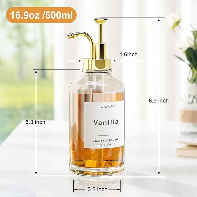Coffee Syrup Dispenser for Coffee Bar, 16.9oz 500ml Glass Syrup Dispenser w Golden Coffee Scoop, Coffee Syrup Pump Dispenser w 36 Labels and Bamboo Tray, Coffee Syrup Bottles with Golden Pump, 3PCS