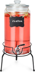 2 Gallon Beverage Dispenser 1 Pack, Stainless Steel Spigot Drink Dispenser for Parties with Stand, Clear Glass Drink Container Easy to Refill and Clean