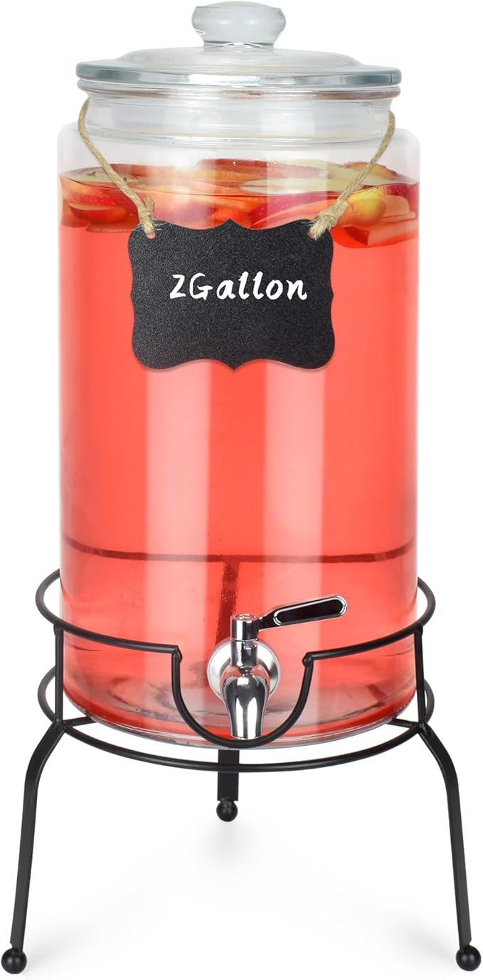 2 Gallon Beverage Dispenser 1 Pack, Stainless Steel Spigot Drink Dispenser for Parties with Stand, Clear Glass Drink Container Easy to Refill and Clean