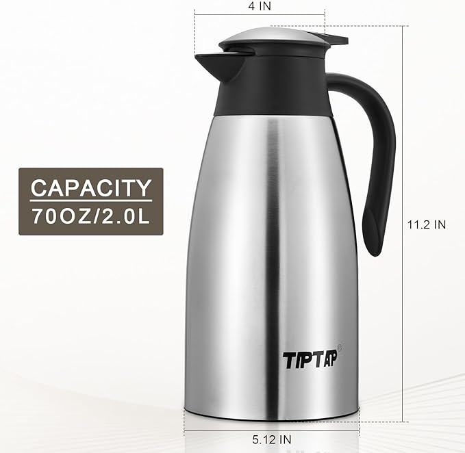TIPTAP 70oz Thermal Coffee Carafe, Stainless Steel Insulated Vacuum Coffee Carafes For Keeping Hot and Cold, 2 Liter Beverage Dispenser