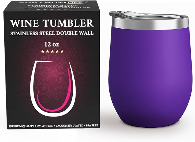 CHILLOUT LIFE 12 oz Stainless Steel Wine Tumbler with Lid - Double Wall Vacuum Insulated Wine Cup Glass Keeping Cold & Hot for Coffee, Champagne, Cocktails, Ice Cream - Powder Coated Purple
