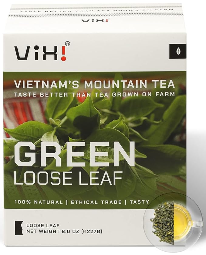 VIXI Green Tea Loose Leaf, (8.00 Oz), Vietnam's Mountain Tea, Caffeinated, Antioxidant, Dried Whole Full Large Leaves, 100% Natural from Ancient Tea Tree for Hot and Cold Brew