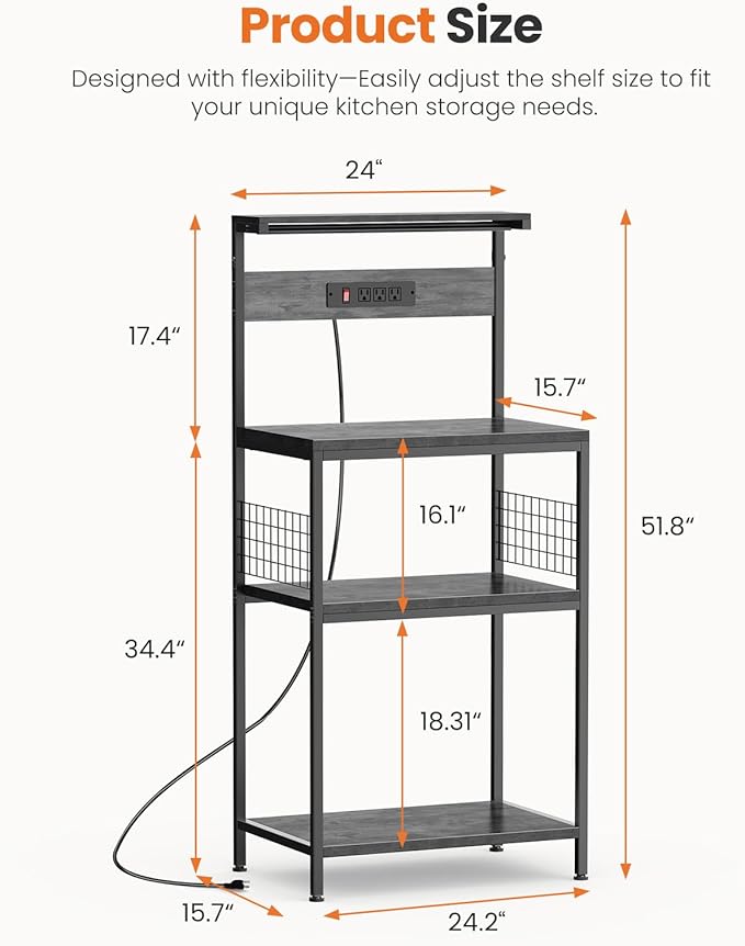 Sweetcrispy Kitchen Bakers Rack with Power Outlet, Coffee Bar Table 4 Tiers, Microwave Oven Stand Station, Adjustable Storage Shelf for Spices, Freestanding Appliance Organizer - 24 Inch, Gray