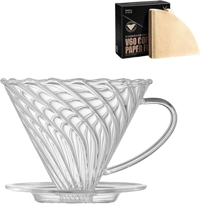 Coffee Dripper, Resuable Pour Over Coffee Maker With Handle, Slow Brewing Coffee Pour Over for Cafe, Travel, Home&Offices with 100 Filter Papers (Borosilicate Glass, 1-4 Cups)