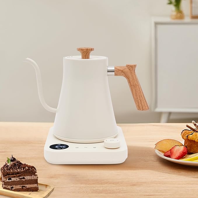 Gooseneck Electric Kettle,Electric Kettle with ±1℉ Precise Temperature Control,0.24 Gal Electric Gooseneck Kettle for Pour Over Coffee & Tea (White)