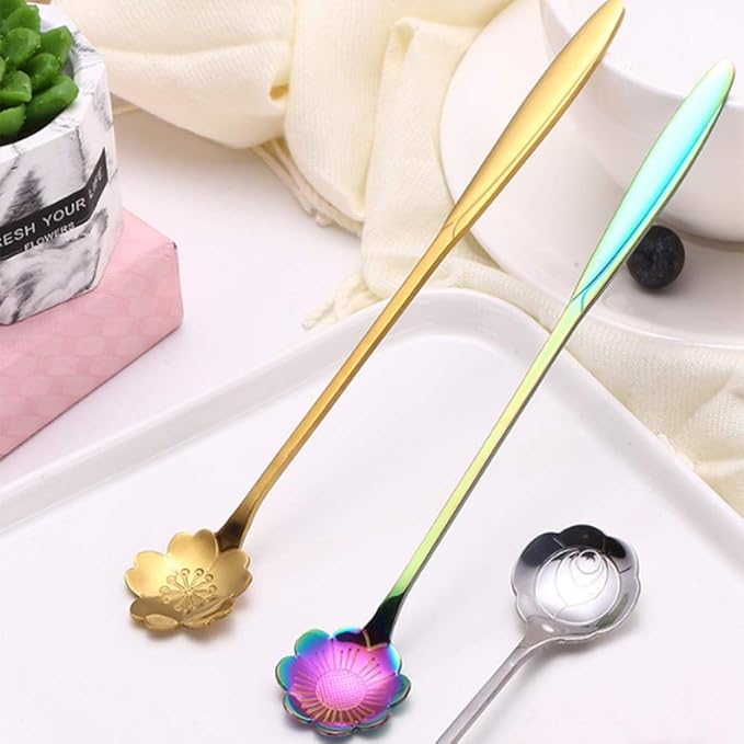 Rainbow Stainless Steel Reusable Tea Scoops and Stirring Spoons - Set of 4, Coffee, Mixing, Sugar, Dessert, Cake, Ice Cream Spoons for Tea Party, Dishwasher Safe