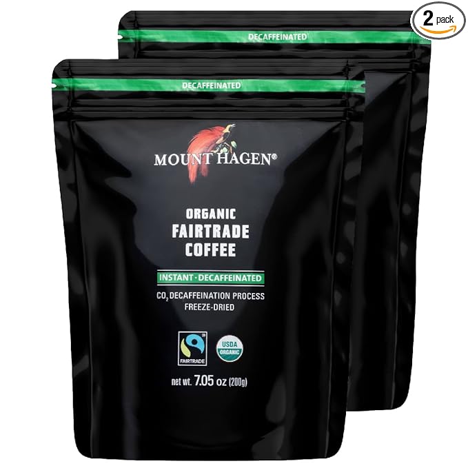 Mount Hagen 7.05oz Organic Freeze Dried Instant Decaf Coffee - 2 Pack | Organic Medium Roast Arabica Beans | Fair-Trade, Eco-friendly in Resealable Pouch Bag [2x7.05oz]
