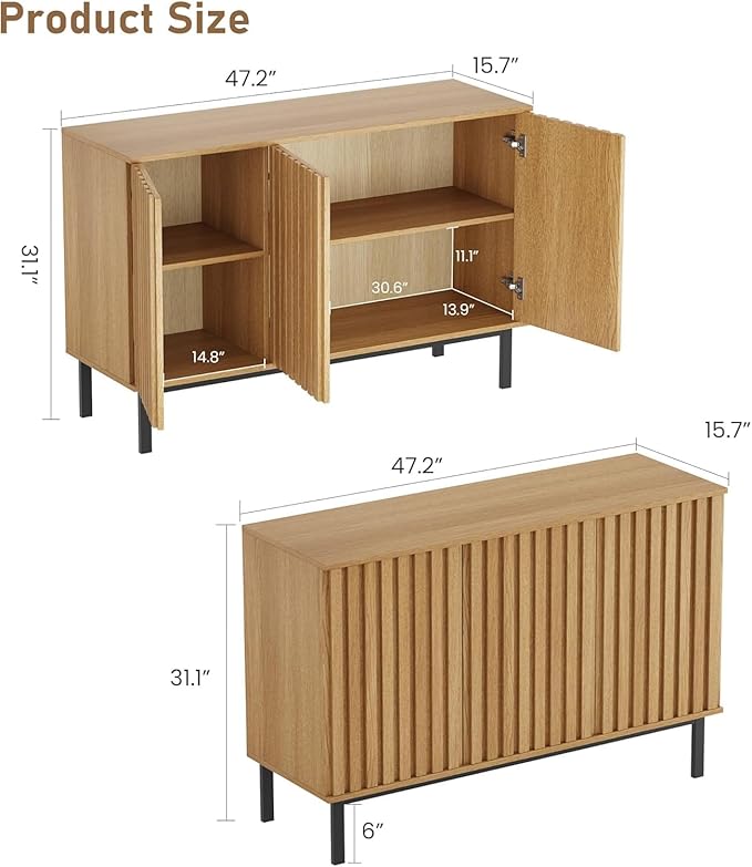 Garvee 47.2 Inch Sideboard Buffet Cabinet with Fluted Doors, Modern Wood Storage Cabinet with Adjustable Shelf, Freestanding Coffee Bar for Dining Room Living Room
