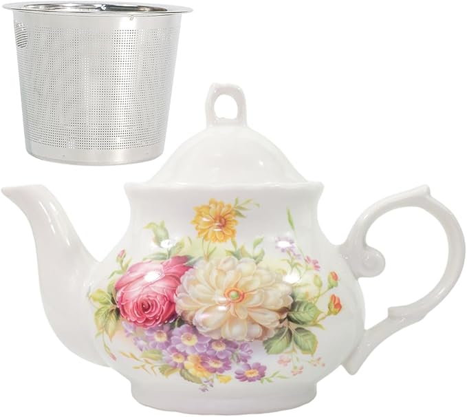 Classic Vintage British Royal Style Ceramic Teapot, 30OZ Large Teapot Perfect for Everyday Gatherings (White, Large)