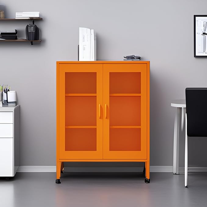 Metal Storage Cabinet with Mesh Doors,Steel Display Cabinet with Adjustable Shelves,Metal Office Storage Locker for Home Office,Garage (Orange, 40''H)