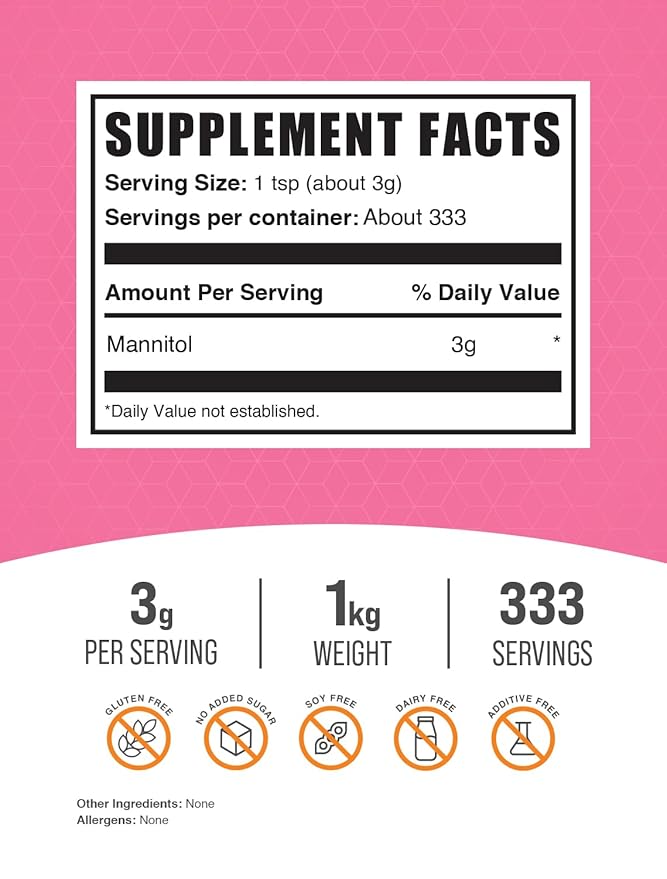 BulkSupplements.com Mannitol Powder - Mannitol Sweetener, Sugar Substitute, Mannitol Supplement, Natural & Gluten Free, 3g per Servings, 1kg (2.2 lbs) (Pack of 1)