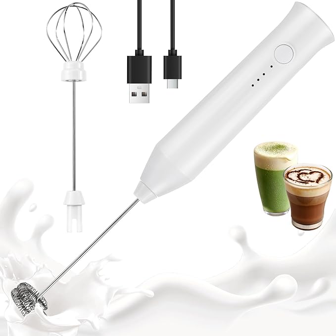 Milk Frother Handheld Rechargeable, Frother Wand Drink Mixer Electric Whisk for Coffee, Detachable With 2 Stainless Whisks, Hand Mixer for Lattes, Matcha, Egg, Gift for Christmas(White)