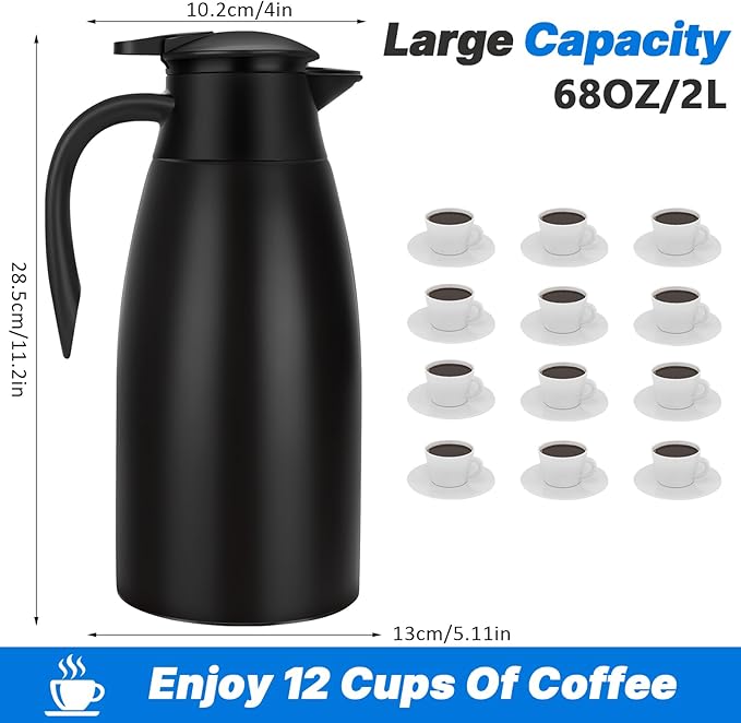 68OZ Thermal Coffee Carafes for Keeping Hot, 2 Liter Stainless Steel Thermal Carafe, Double Wall Vacuum Insulated Pitcher Tea Pot for Coffee Tea Keep Hot 12 Hours, Black