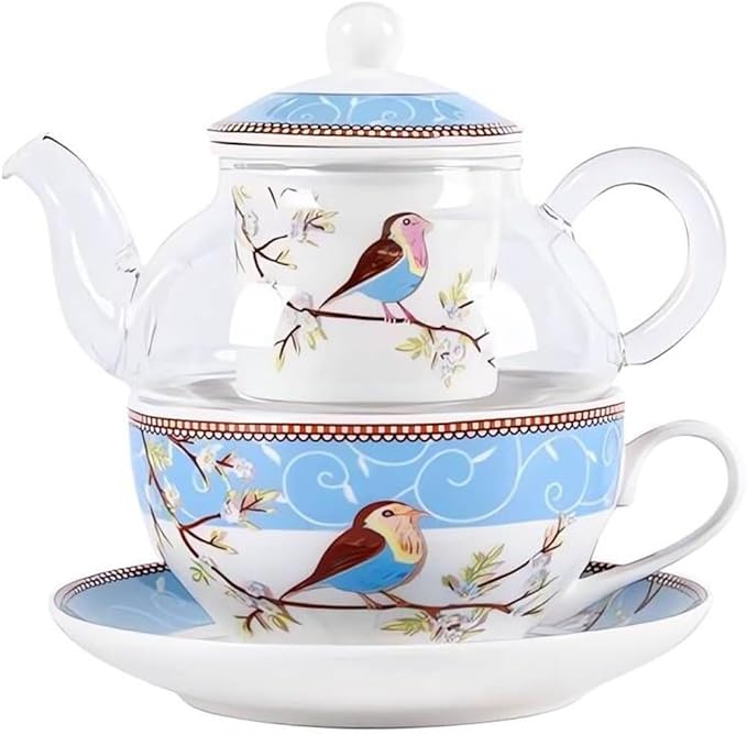 Tea for One Set, Glass Teapot with Porcelain Infuser Strainer and Cup & Saucer- Happy Bird Pattern (Blue)