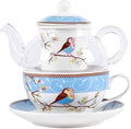 Tea for One Set, Glass Teapot with Porcelain Infuser Strainer and Cup & Saucer- Happy Bird Pattern (Blue)