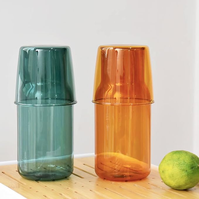 Bedside Glass Water Carafe Set with Cup, Glass Carafe with Lid Mouthwash Cups for Bedroom Bathroom Juice Wine Milk 19oz