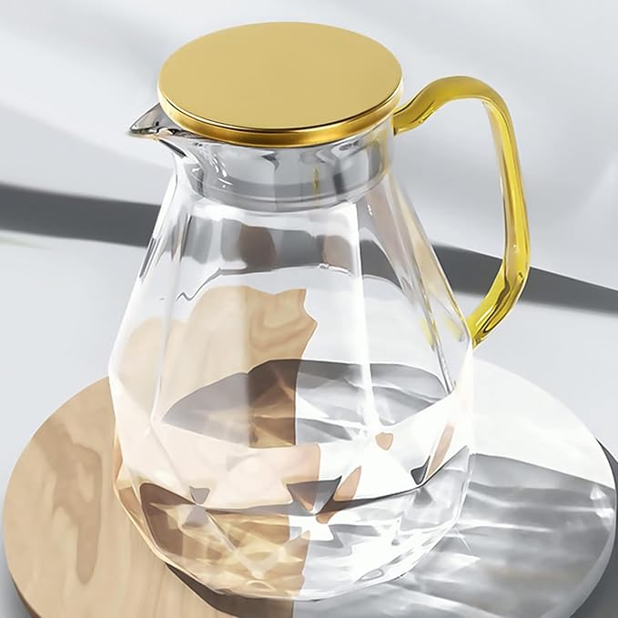 DUJUST Glass Pitcher with Golden Lid & Spout (68 oz), Elegant Diamond Design Water Pitcher with Handle, High Durability Jug for Fridge, Glass Carafe for Iced Tea/Juice/Beverage/Coffee/Drinks