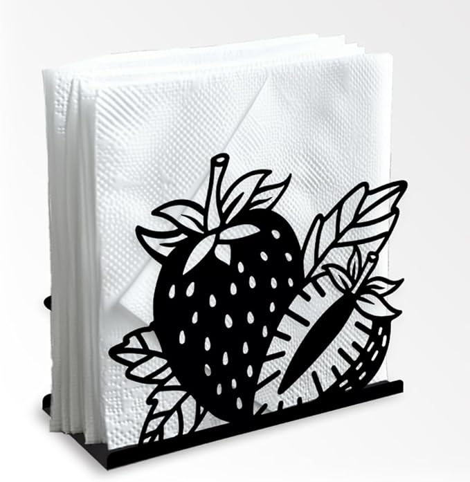 Strawberry Decorative Black Metal Napkin Holder for Table, 5.3" x 4.4" x 1.9" Strawberry Fruit Standing Napkin Holder for Home Kitchen Restaurant Picnic Party Coffee Bar Dining Room