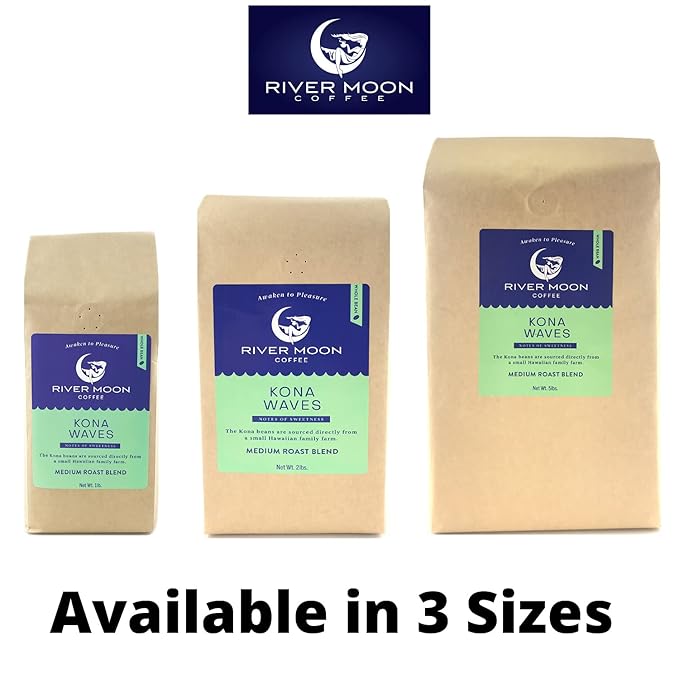 River Moon Coffee, Kona Coffee Whole Bean, Medium Roast, 5 lbs, Kona Waves Hawaiian Blend, Sustainably Farmed, 100% Arabica