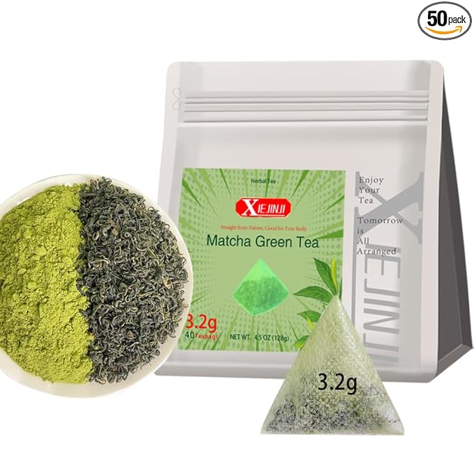 XIEJINJI Matcha Green Tea Bags - 3.2g x 40 Count, Finely Milled Matcha Powder Blended with Refreshing Green Tea, 100% Natural, No Additives - Perfect for Hot Brewing or Cold Brew