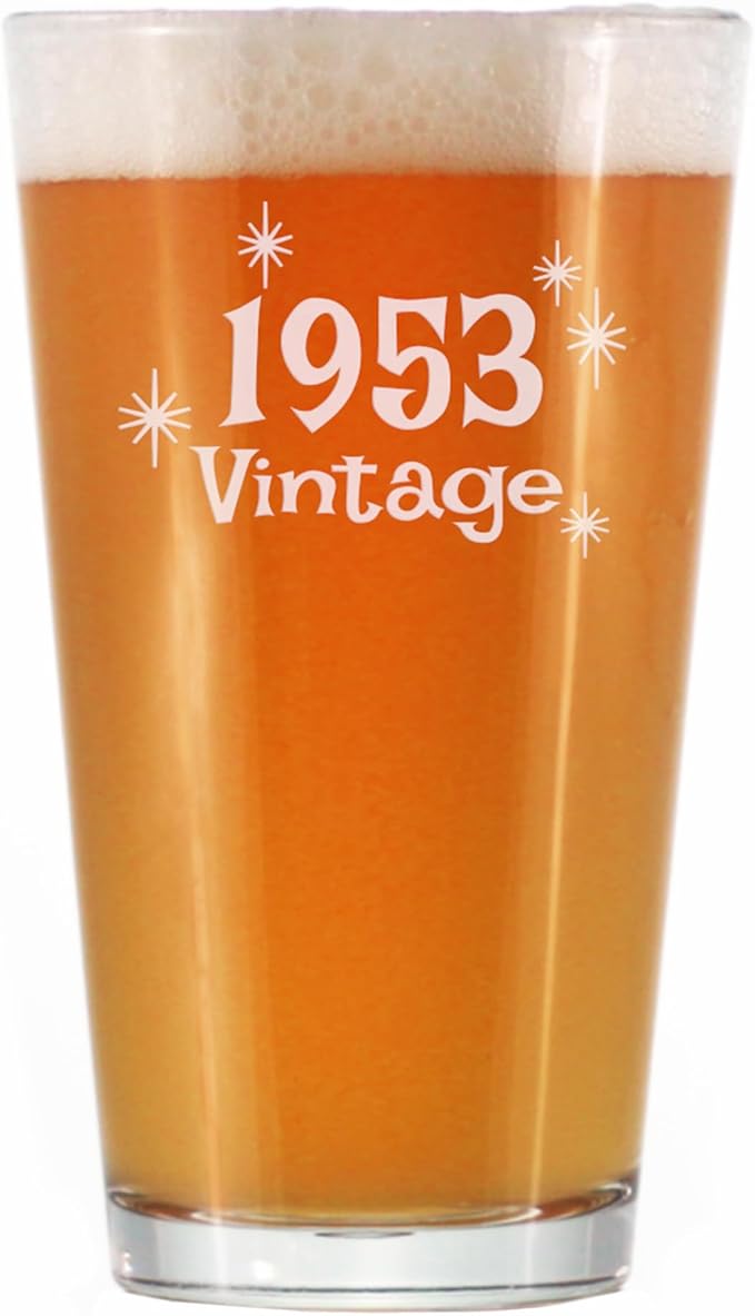 Vintage 1953 Pint Glass for Beer - 72nd Birthday Gifts for Men or Women Turning 72 - Fun Bday Party Decor - 16 oz