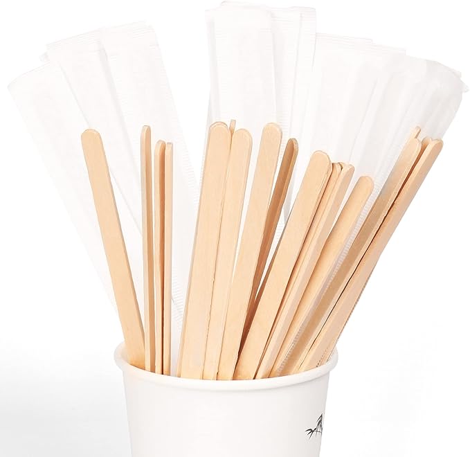 Coffee Stirrers 500pcs Individually Wrapped Coffee Stirrers Wood - 7 Inch Disposable Wooden Stir Sticks for Coffee, Cocktail and Hot Drinks