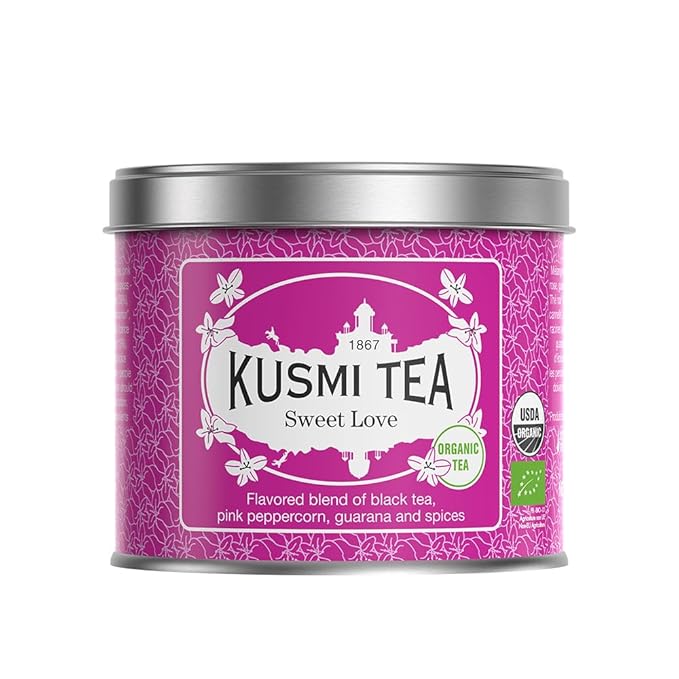 Kusmi Tea - Sweet Love - Organic Black Tea - Blend of Black Tea, Pink Pepper, Guarana & Spices - Flavourful, Caffeinated Tea - Loose Leaf Tea - Tin Box of 3.5 oz