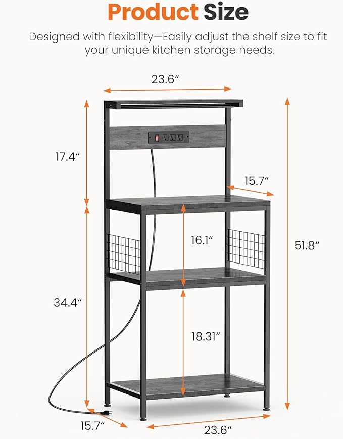 Sweetcrispy Kitchen Bakers Rack with Power Outlet, Coffee Bar Table 4 Tiers, Microwave Oven Stand Station, Adjustable Storage Shelf for Spices, Freestanding Appliance Organizer - 23.6 Inch, Gray