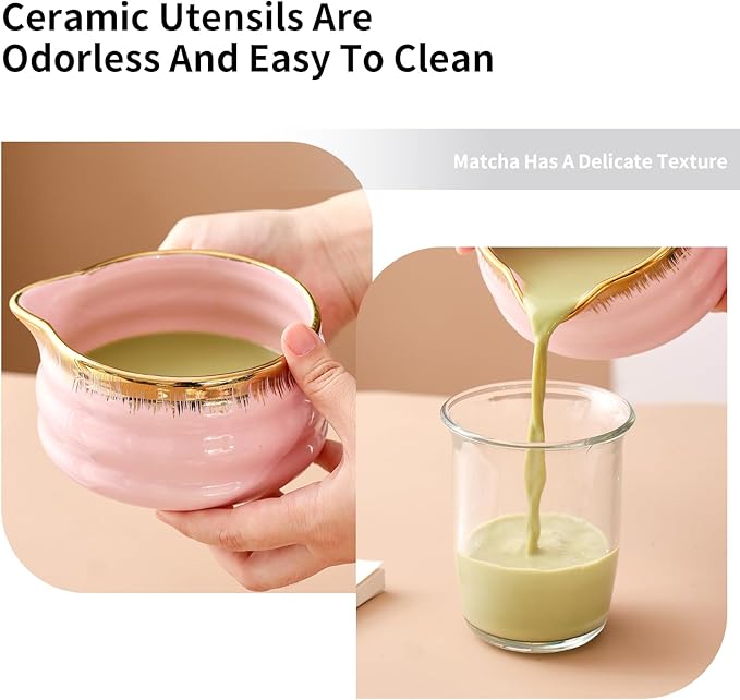 7-Piece Matcha Whisk Set: Pink Ceramic Bowl with Spout Edge (Golden Texture Design), Including Bamboo Whisk, Sieve, Spoon, etc., Suitable for Home Use/Matcha Lovers, Easy to Clean