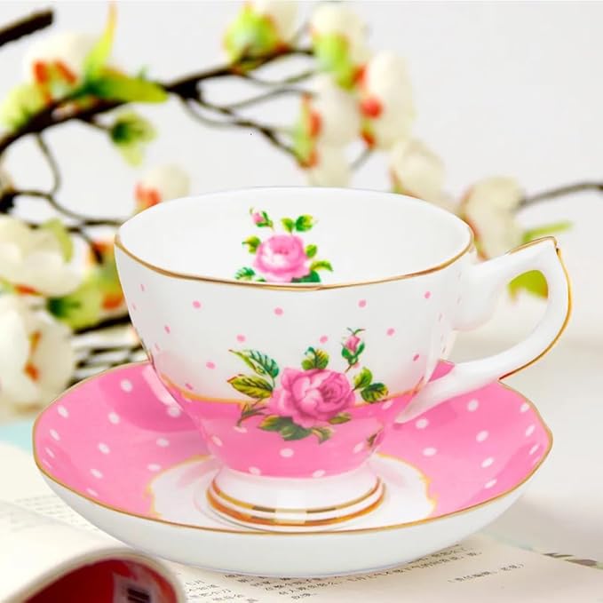 ONEUSTAR Floral Tea Cup and Saucer Set for 1 Bone China Coffee Cup 7 oz Vintage Rose Flower English Teacup for Women Tea Party Mother's Day Gift