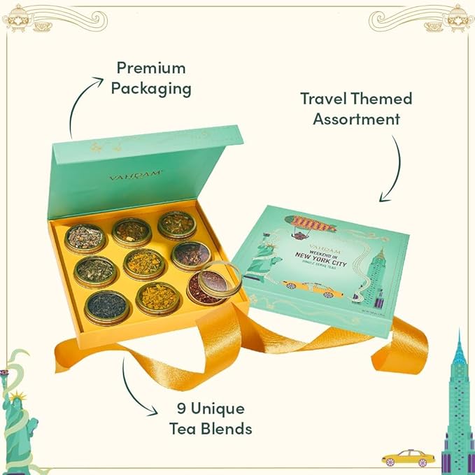 VAHDAM, Weekend in New York Christmas Tea Gift Set - 9 Loose Teas | Tin Caddy Travel Edition Gift Box | Christmas 2025 Gift Ideas for Women & Men | Gluten Free, Non GMO