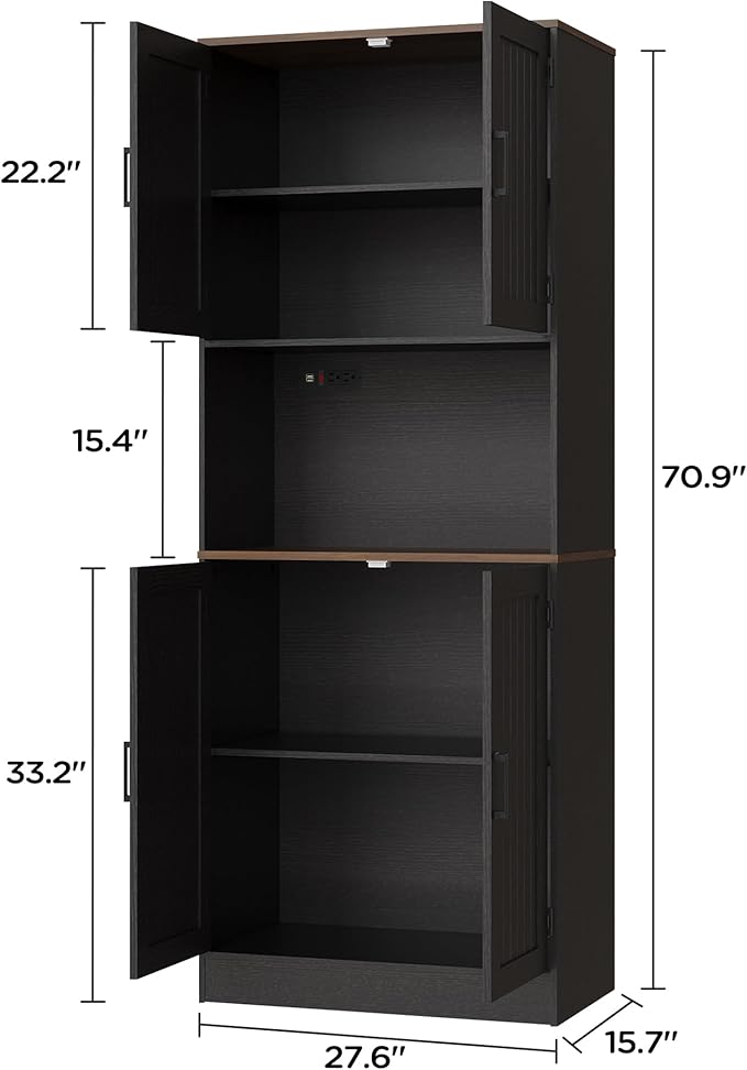 MHOM 71" Tall Pantry Cabinet with Charging Station, Farmhouse Kitchen Hutch with Adjustable Shelves, Modern Kitchen Pantry Storage Cabinet for Dinning Room & Living Room, Antique Black